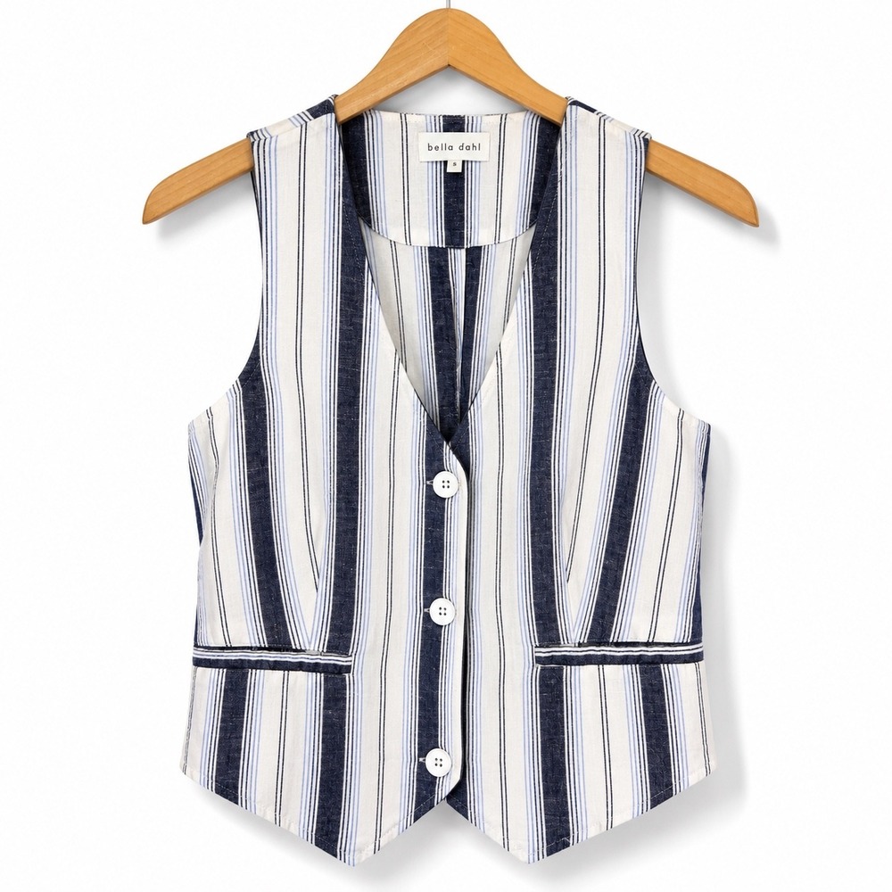 Bella Dahl Size Small Navy White Striped Linen Cotton Vest Waistcoat